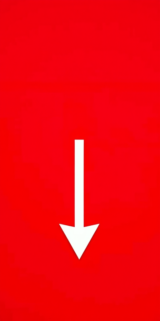 Create an image of a simplified white arrow pointing diagonally downwards against a vibrant red background, captured with a DSLR camera at f/4 aperture, 1/60 shutter speed, ISO 100, in a high-resolution flat lay style.