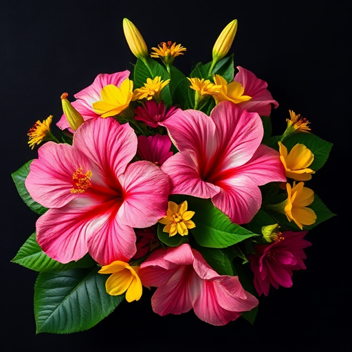 Create a vibrant floral arrangement featuring hibiscus, yellow wildflowers, and tropical leaves on a black background, captured with a Canon EOS 5D Mark IV at aperture f/2.8, ISO 100, 50mm lens, in natural light for enhanced detail and color saturation.