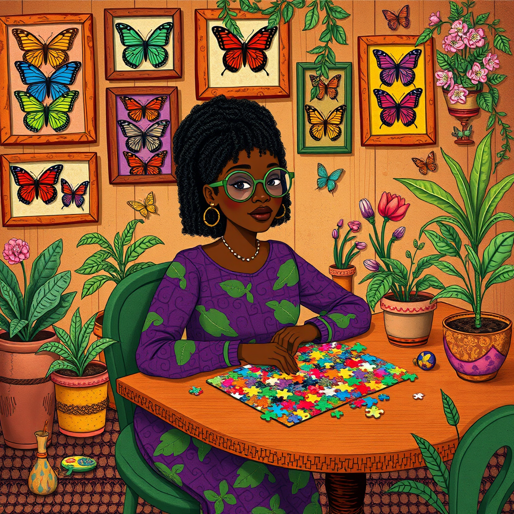 A vibrant and whimsical illustration of an african american woman sitting at a table working on a colorful jigsaw puzzle. she is wearing round glasses, and patterned clothing in shades of purple and green.  The background features an eclectic collection of framed butterflies, potted plants, and other natural elements, creating a warm and inviting atmosphere. The style is playful and modern, with rich textures, intricate details, and a lively color palette.