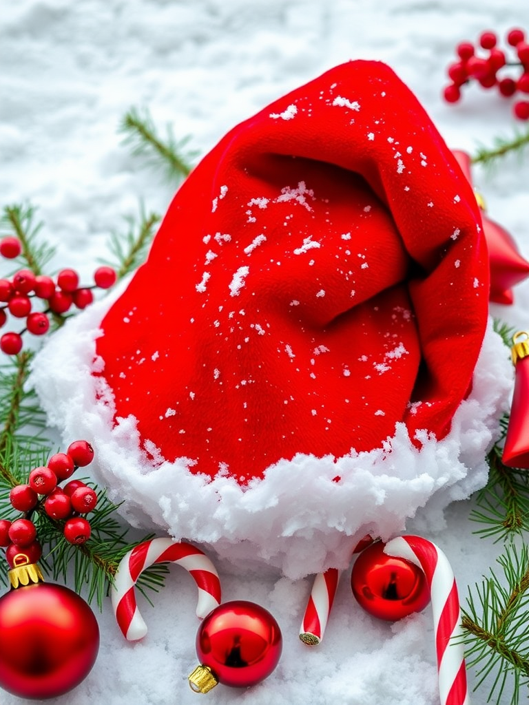 Create a vibrant Christmas-themed composition featuring a red Santa hat adorned with snow, surrounded by pine branches, red berries, a candy cane, and ornaments, captured with a DSLR camera, 50mm lens, f/2.8 aperture, ISO 100, and natural lighting to enhance colors and details.