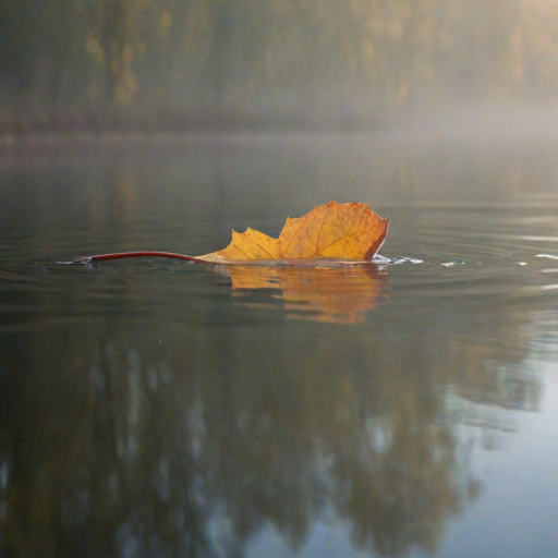 Soft-focus image of a single autumn leaf floating on the surface of a still pond, soft morning mist rising from the water, with distant trees reflected in the glassy surface.