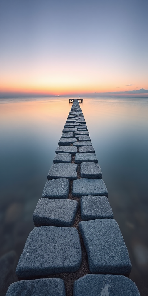 Regenerate the image of a long stone jetty extending into calm waters at sunrise with soft pastel colors, using a Canon EOS R5, 24mm lens, f/11 aperture, ISO 100, 30-second exposure, capturing a serene and minimalist composition from a low angle view.