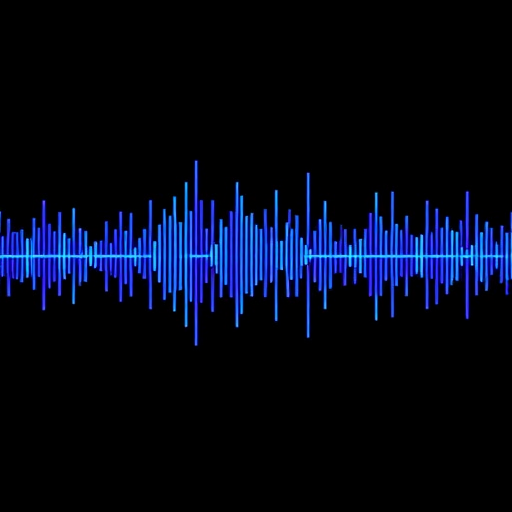 Create a high-contrast digital audio waveform visualization with dynamic blue and purple colors against a black background, using a wide-angle lens perspective, shot with a DSLR camera at f/8 aperture, ISO 100, and a shutter speed of 1/60 seconds to enhance clarity and depth.