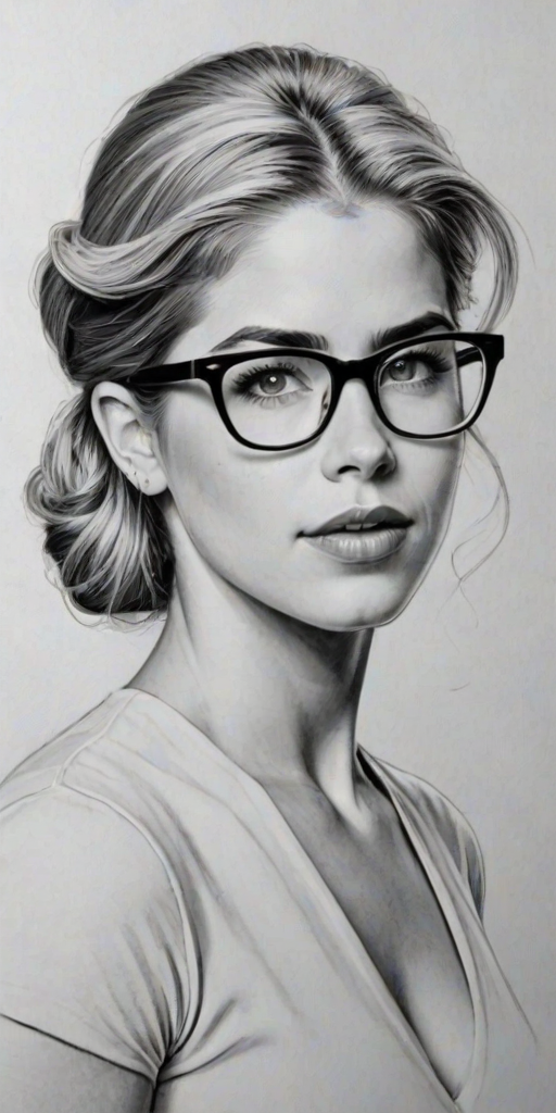 Fascinating Emily Bett Rickards, pencil sketch, portrait of Enticing woman 1955s in glasses, hair style beatnik, outline, clear lines, fine lines, 8k