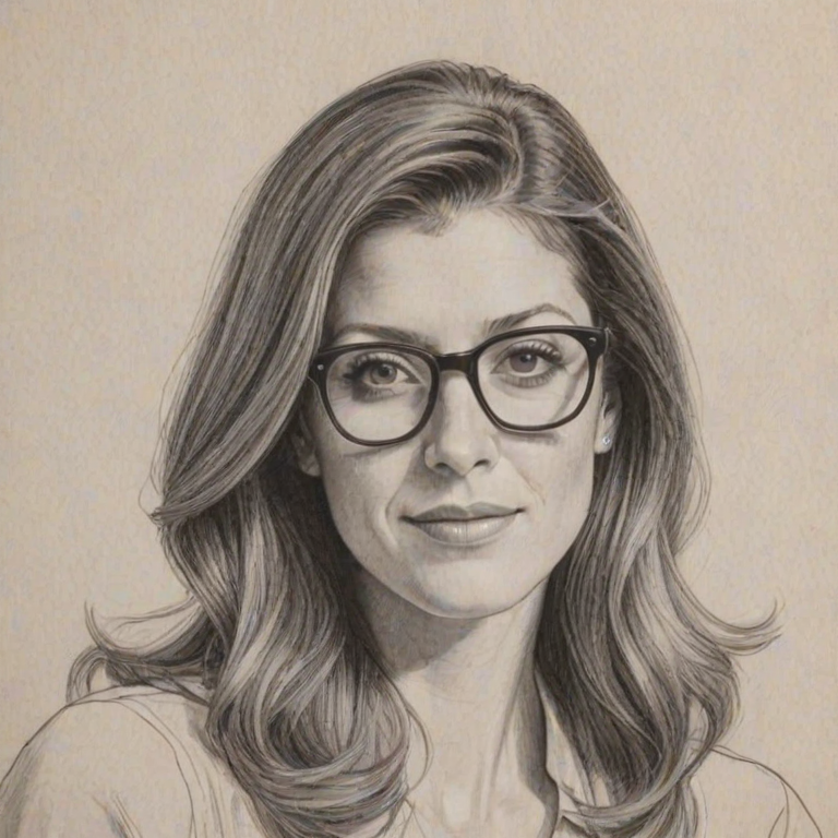 Charming Kate Walsh, pencil sketch, portrait of Lovely woman 1973s in glasses, hair style beatnik, outline, clear lines, fine lines, 8k