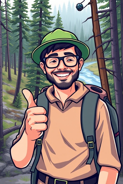 Generate an illustration of a cheerful hiker with glasses and a green hat, thumbs up, standing in a forest with trees and a river in the background, using a vibrant color palette, shot with a Canon EOS R5 at f/2.8, 35mm lens, ISO 100, natural lighting for enhanced clarity and detail.