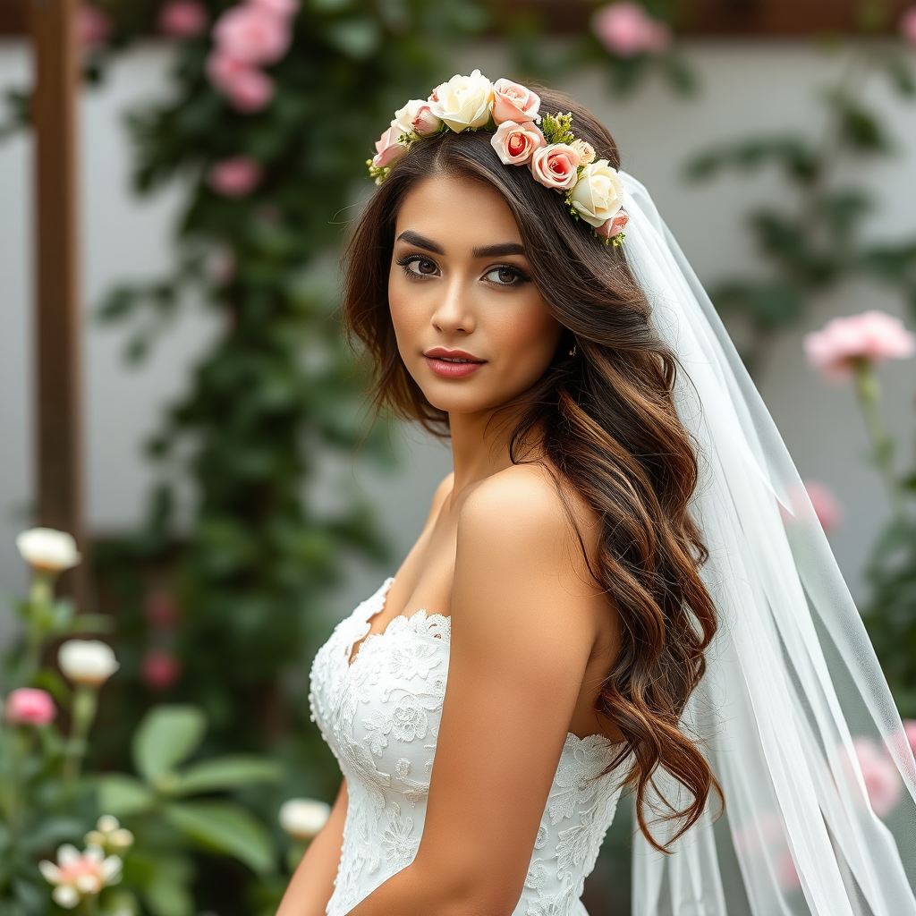 Garden scene, bridal model, delicate lace gown, floral headpiece, soft romantic focus, high-key lighting and an 85mm lens for soft, even tones that highlight the model’s face and bright outfit against a white or light background