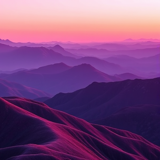 Generate a vibrant digital landscape featuring layered purple mountains under a gradient sky, with a focus on smooth curves and soft transitions, captured with a DSLR camera at f/8, ISO 100, 1/200 sec, using a wide-angle lens for a panoramic view and a high-resolution setting for enhanced image quality.