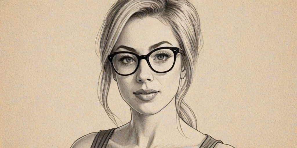 Appealing Iliza Shlesinger, pencil sketch, portrait of Enchanting woman 1960s in glasses, hair style beatnik, outline, clear lines, fine lines, 8k
