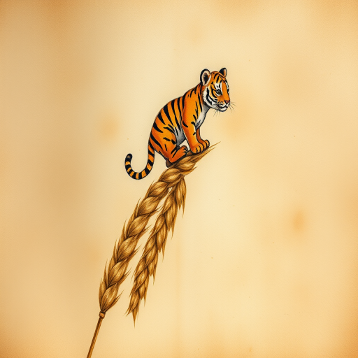 Soft, muted Alcohol Ink with ebru effect background image of tiny whimsical tiger, who climbed high on the top of a golden rye ear.
