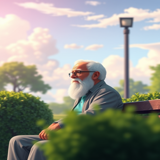 Generate a digital illustration of an elderly man with a beard sitting on a bench in a park, surrounded by green bushes and a serene sky with fluffy clouds, using a soft focus effect, 50mm lens, f/2.8 aperture, daylight setting for natural lighting, and a vibrant color palette.