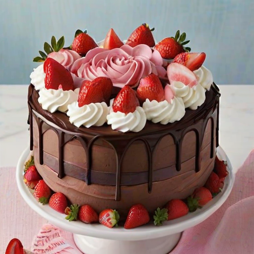 Create a vibrant and delicious cake display featuring a multi-layered cake with rich chocolate frosting, fresh strawberries, and pink whipped cream. The cake should be beautifully sliced to reveal the layers inside, showcasing a mix of chocolate and strawberry flavors. Surround the cake with rose petals and small decorative hearts for a romantic touch.