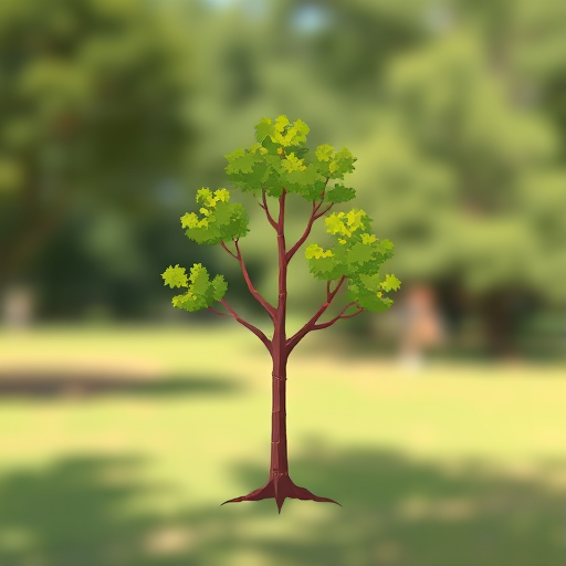 Generate an illustration of a simple, stylized tree, captured with a DSLR camera at f/4, 50mm lens, ISO 100, bright daylight, using a shallow depth of field to enhance the focus on the tree with a blurred background.