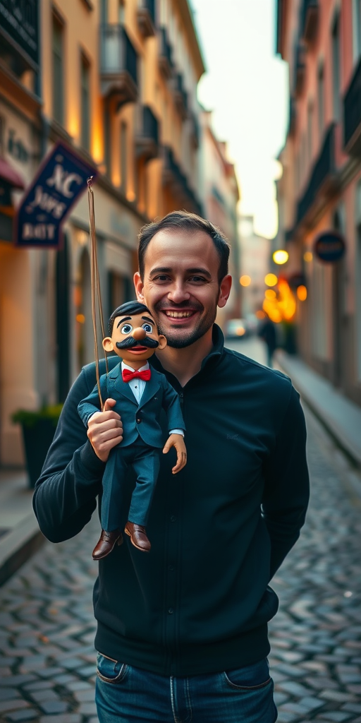 Create an image of a man smiling while holding a marionette puppet in a cobblestone street setting, using a Canon EOS R5 with a 50mm lens at f/1.8, ISO 100, and a shallow depth of field, capturing the warm evening light for enhanced details and clarity.