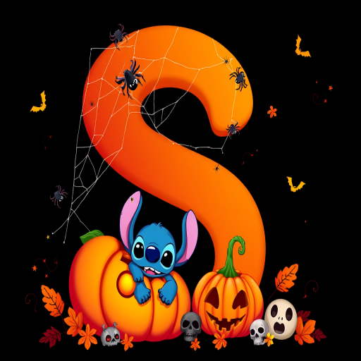 A whimsical and vibrant Halloween-themed digital illustration featuring the letter "S" adorned with spider webs, small bats, and cute spiders. At the base of the letter, a playful alien character similar to Stitch is peeking out from inside a carved pumpkin with glowing eyes, surrounded by additional pumpkins, a small skull, and autumn leaves. The letter is gradient-colored from orange to purple, adding a magical atmosphere to the scene, black background