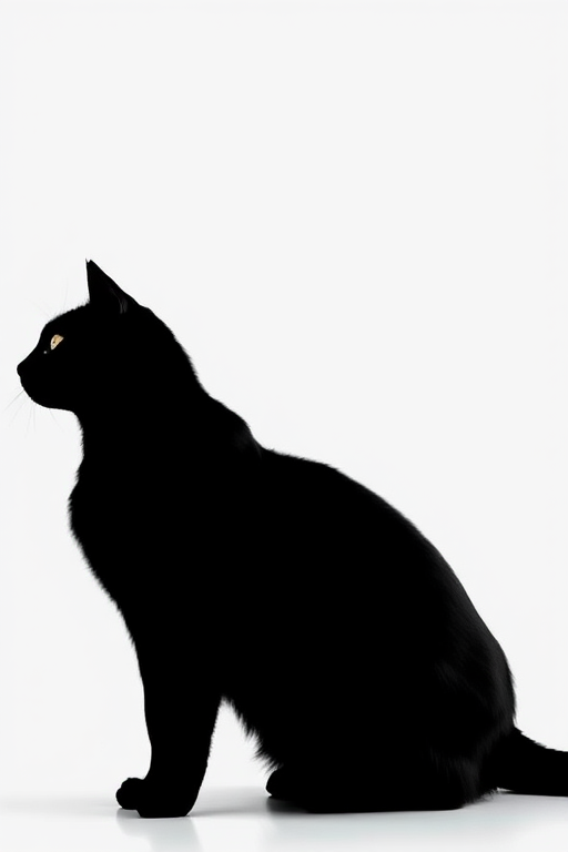 Create an image of a minimalist black cat silhouette against a plain white background, using a DSLR camera, 50mm lens, f/1.8 aperture, ISO 100, 1/125s shutter speed, with a focus on clarity and sharpness.