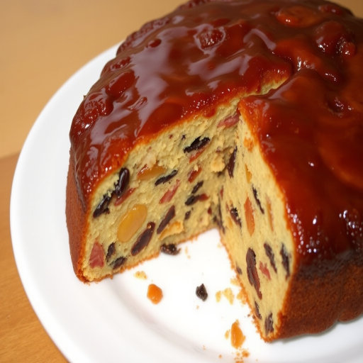 A beautifully glazed fruitcake with a moist texture and a rich assortment of dried fruits and nuts, displayed on a white plate with a slice cut out to reveal its colorful interior, featuring shiny glaze on top.