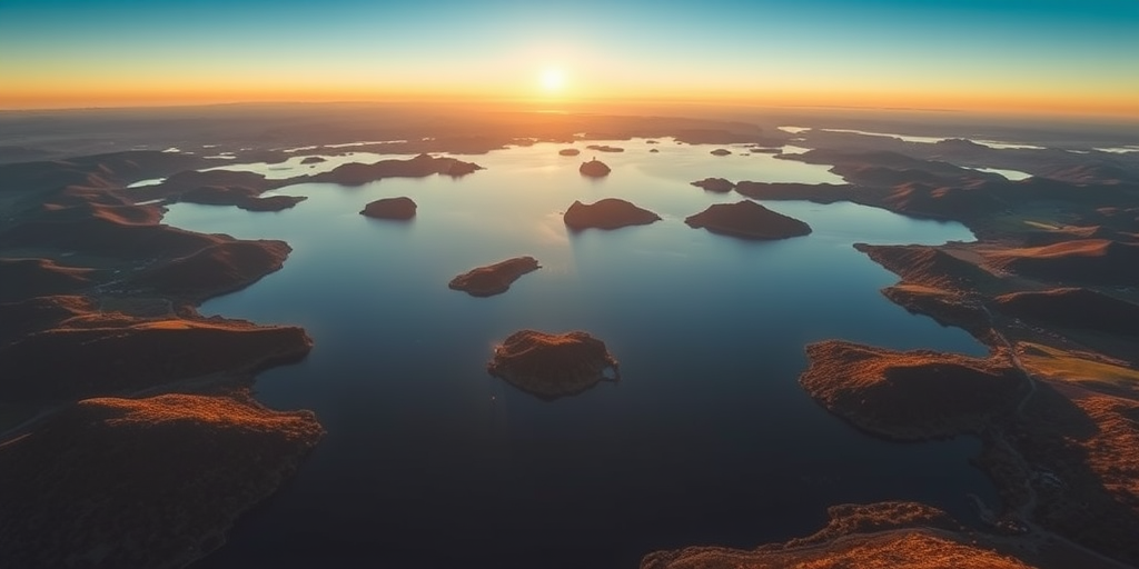 Aerial view of a serene lake surrounded by rolling hills and islands, taken during golden hour, DSLR camera with a 24mm lens, f/7.1, ISO 200, 1/125 sec, high dynamic range, wide angle shot, vibrant colors and sharp details.