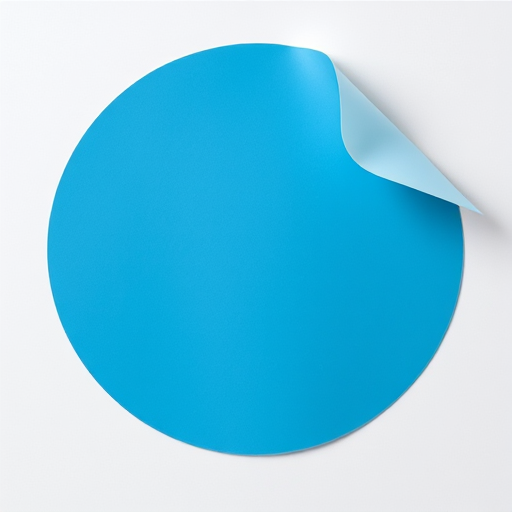 Create a high-resolution image of a blue circular sticker with a partially peeled edge, using a DSLR camera, 50mm lens, f/8 aperture, ISO 100, top-down view, and soft, diffused natural lighting to enhance texture and color depth.