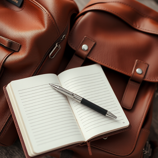 Create a high-resolution image of a brown leather backpack next to an open notepad with blank lines and a silver pen resting on top, using a DSLR camera with a 50mm lens at f/2.8, 1/250 sec shutter speed, and ISO 100, shot in natural daylight with a slight blur in the background for emphasis.