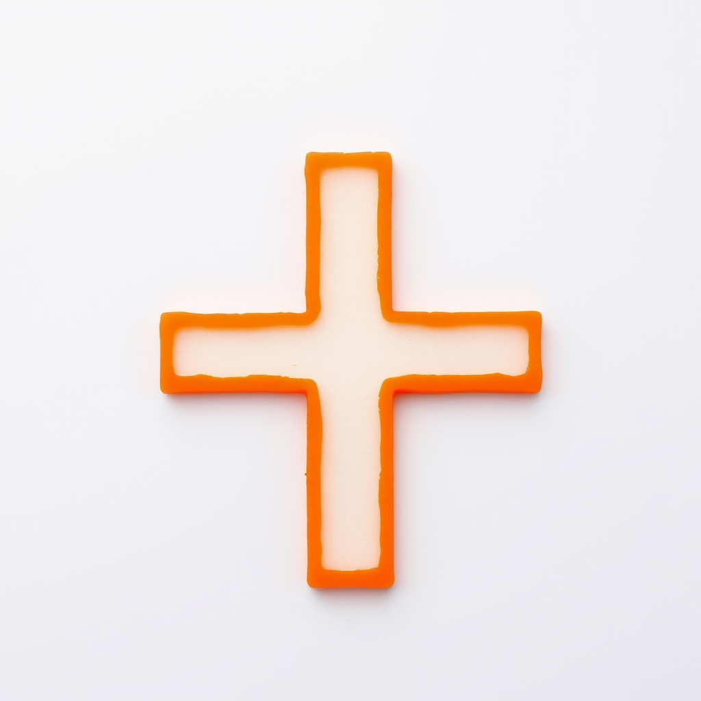 Create a vibrant orange cross symbol on a white background with a Canon EOS R5 camera at f/2.8 aperture, ISO 100, and a shutter speed of 1/250s, viewed from a top-down perspective, using a macro lens to enhance detail and clarity.