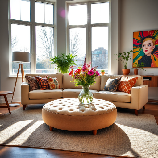 Interior living room scene with modern furniture, bright natural light streaming through large windows, a soft round ottoman in the center, colorful throw pillows on a beige sofa, a glass vase with fresh flowers on a wooden coffee table, vibrant artwork on the wall, use a Canon EOS R5 camera, aperture f/2.8, ISO 200, shutter speed 1/125s, focal length 24mm, HDR style for enhanced details.