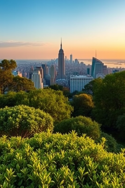 Capture a panoramic view of a city skyline with lush green foreground, emphasize depth and clarity, use a wide-angle lens at f/8, ISO 100, shutter speed 1/250, shoot in natural light at golden hour, digital DSLR.