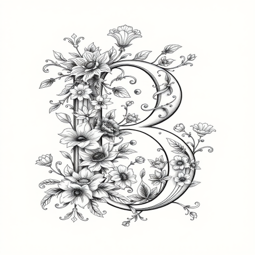 Create a detailed illustration of an ornate letter 'B' with intricate floral designs and whimsical elements, use a DSLR camera with a 50mm lens, f/2.8 aperture, ISO 200, and a soft focus background for depth of field.