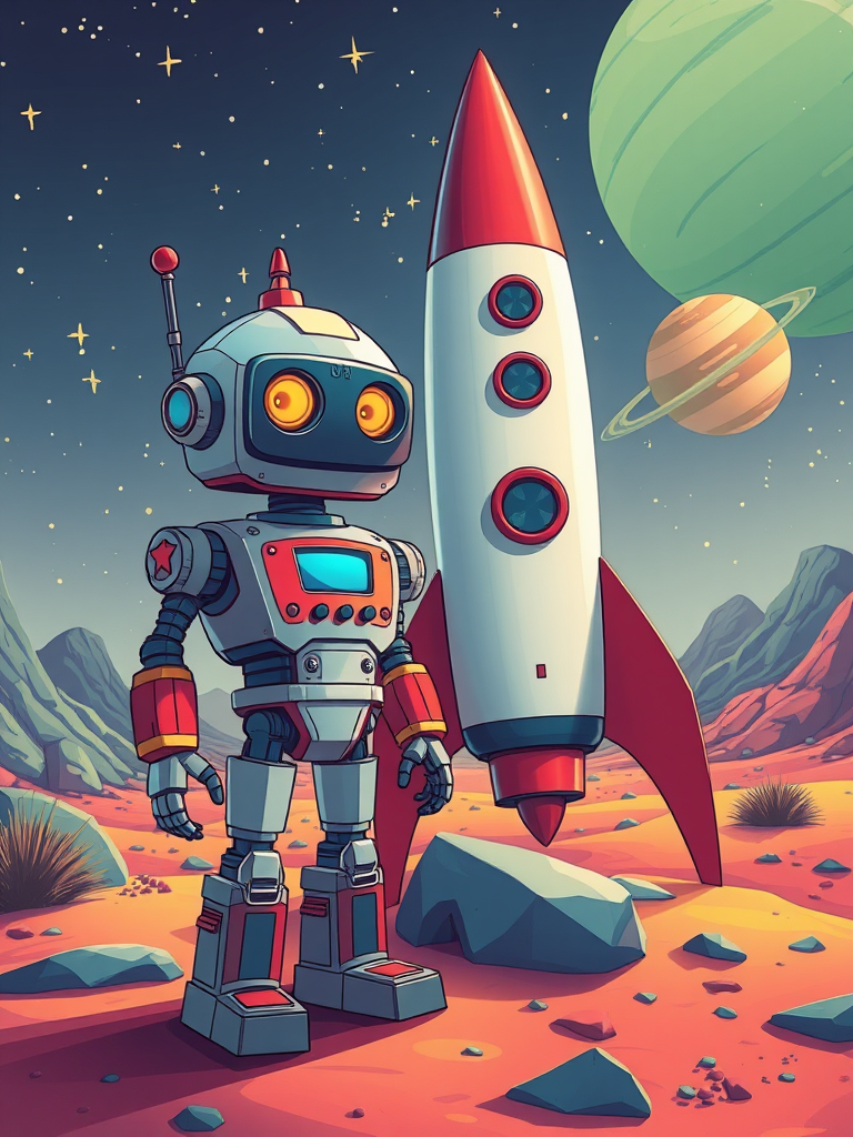 Create a colorful cartoon illustration of a robot standing next to a retro rocket ship on a vibrant alien landscape with stars and a planet in the background, using a Canon EOS R5 with a 24mm lens, f/2.8 aperture, ISO 100, and a wide-angle view for a dynamic perspective.