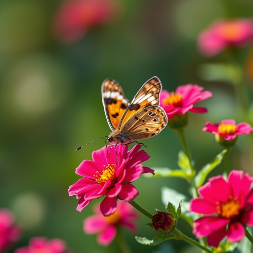 Capture a close-up of a butterfly resting on vibrant pink flowers with a shallow depth of field, using a Canon EOS 5D Mark IV, 100mm macro lens, aperture f/2.8, ISO 200, and natural sunlight to enhance colors and details.