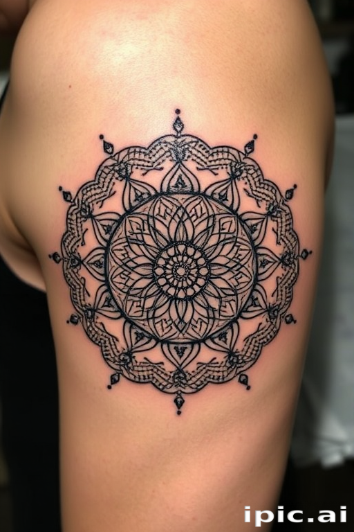 Dotwork mandala tattoo named "Cosmic Bloom" showcasing an intricate circular pattern composed entirely of tiny dots, gradually increasing in density to create mesmerizing optical illusions and depth, incorporating elements of sacred geometry and floral motifs within the design, rendered in black ink with subtle touches of white for highlights and dimension, perfect for those seeking a meditative and spiritually inspired tattoo that celebrates the beauty of symmetry and precision