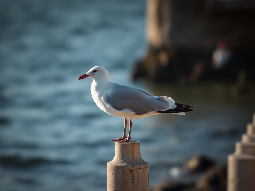 seagull perched on a post by the ocean, soft focus background, natural lighting, f/4 aperture, 1/200 sec shutter speed, 100 ISO, shallow depth of field, DSLR camera, telephoto lens