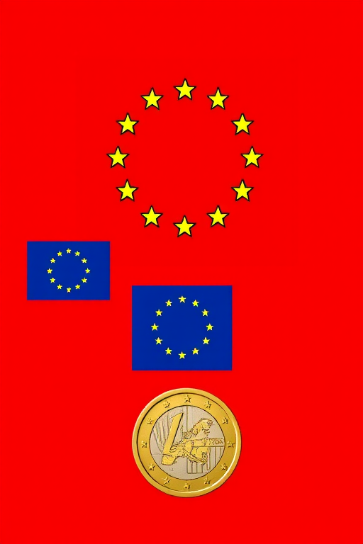 Create a high-resolution vector graphic featuring the European Union symbols: a circular emblem with stars, a rectangular logo, a flag design, and a Euro coin, all set against a vibrant red background, using a Canon EOS 5D Mark IV with a 50mm f/1.8 lens, at f/8 aperture, ISO 100, shot from eye level for clarity and detail.