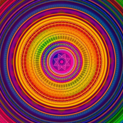 Generate a vibrant abstract pattern of concentric circles with intricate colors and a smooth gradient using a high-resolution digital camera at ISO 100, f/8 aperture, 1/200 shutter speed, wide-angle lens, and top-down view for enhanced detail and clarity.