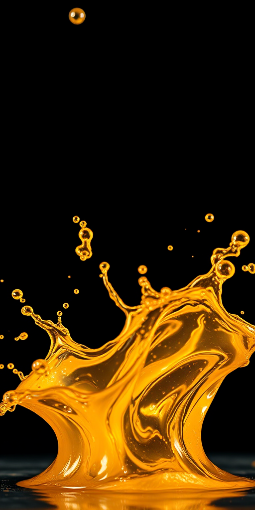 Create a high-resolution image of liquid gold splashing dynamically against a black background, using a macro lens with an aperture of f/2.8, shutter speed of 1/500s, and ISO 100, shot from a low angle to emphasize the swirling motion and texture of the gold, using a DSLR camera for detailed clarity.