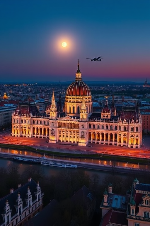 Regenerate a vibrant, high-resolution aerial view of the Budapest Parliament building at twilight with a full moon illuminating the scene, using a Canon EOS R5 with a 24mm f/1.4 lens, at ISO 200, shutter speed 1/125 sec, capture in landscape mode for enhanced detail and color depth.