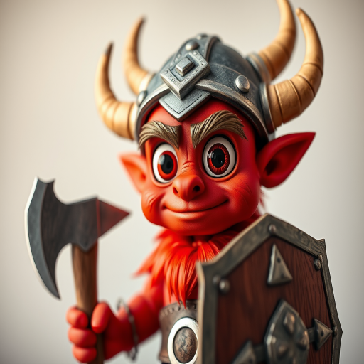 Create a vibrant cartoonish character of a red creature with large eyes, wearing a viking helmet with horns, holding an axe and shield, set against a simple background, captured in a close-up shot with a Canon EOS R5, f/2.8 aperture, 50mm lens, 1/200s shutter speed for enhanced clarity and color saturation.