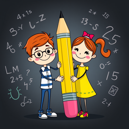 Create a colorful, cartoon-style illustration of two stick figures, a boy and a girl, holding a giant pencil on a blackboard background with playful math and alphabet symbols, shot with a digital camera at f/2.8 aperture, 50mm lens, 1/100 sec shutter speed, vibrant colors, high contrast, and soft focus.