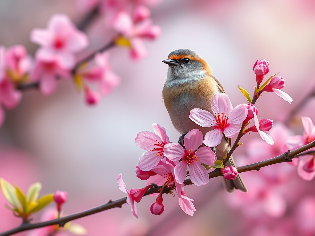 Create a high-resolution digital illustration of a bird perched on a flowering branch with vibrant pink blossoms, use a 50mm lens, f/2.8 aperture, ISO 100, natural lighting, and a soft focus background for depth.