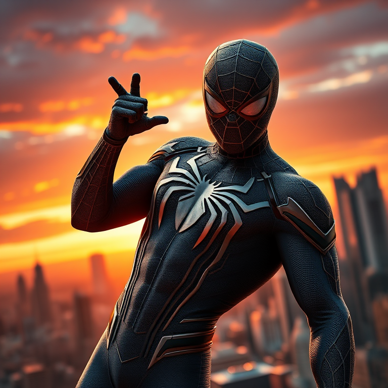 Create a detailed image of a superhero in a dynamic pose, showcasing intricate web patterns on the suit, against a vibrant cityscape background during sunset; camera settings: ISO 200, aperture f/4, shutter speed 1/500s; camera view: wide-angle; camera style: cinematic; camera type: DSLR.