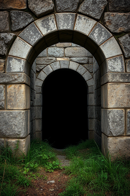 A weathered stone archway with a dark void inside, surrounded by textured walls and overgrown grass, captured with a DSLR camera at f/8 aperture, 1/125s shutter speed, ISO 200, in HDR style, from a low angle view to emphasize the arch's height.