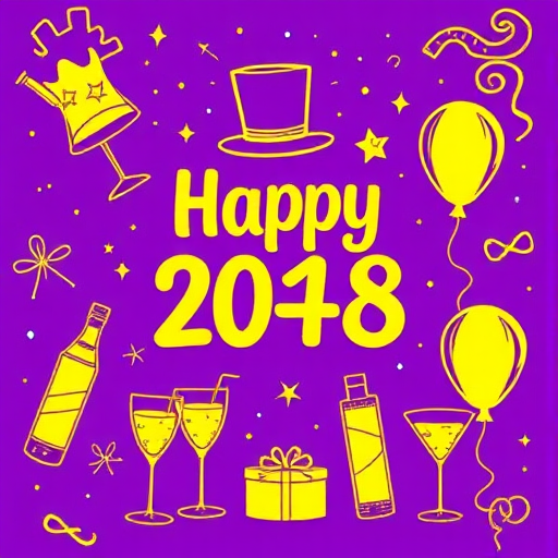Create a vibrant and festive digital illustration for a New Year's celebration featuring golden line art of party items such as a top hat, champagne bottle, cocktails, and balloons on a purple background; camera settings: f/1.8, ISO 100, shutter speed 1/60; camera view: top-down; camera style: colorful flat design; camera type: digital illustration.