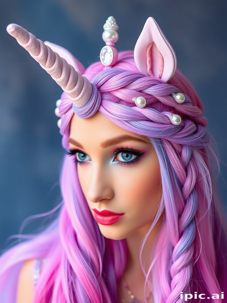 Mystical Unicorn Braided Crown displaying a mesmerizing blend of pastel pink purple and blue hues woven into an intricate braided crown adorned with shimmering pearl accents