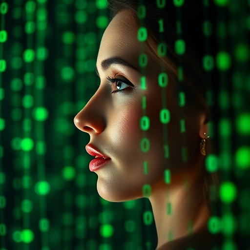 a side profile of a woman with a thoughtful expression surrounded by cascading green binary code, high-resolution, aperture f/1.8, shutter speed 1/200s, ISO 100, 85mm lens, soft focus background, cinematic lighting