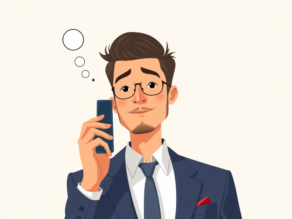 Create a minimalist illustration of a businessman in a suit holding a phone to his ear, with a thought bubble above his head, using a Canon EOS R5 with an 85mm lens, f/1.8 aperture, ISO 100, natural light, and a soft focus background to enhance image quality.