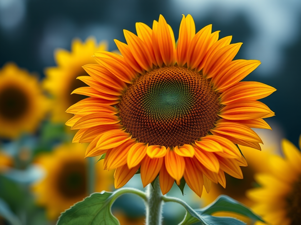 Close-up shot of a vibrant sunflower with a blurred background of multiple sunflowers, shallow depth of field, ISO 100, f/2.8 aperture, 50mm lens, natural lighting, taken with a DSLR camera.