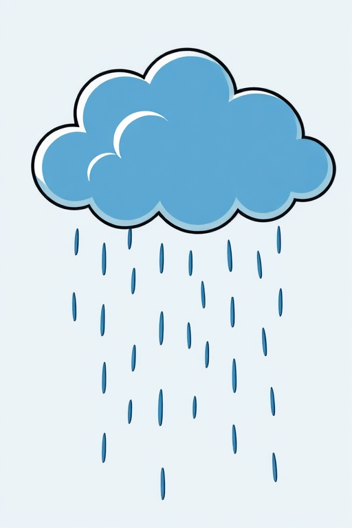 Create a high-resolution illustration of a cartoon cloud with rain, using a DSLR camera with a 50mm lens, f/1.8 aperture, ISO 100, shot in bright daylight from a slightly elevated angle to enhance contrast and clarity.