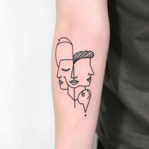Striking minimalist body tattoo of a single continuous line forming abstract faces and figures, wrapping around the upper arm in bold black ink