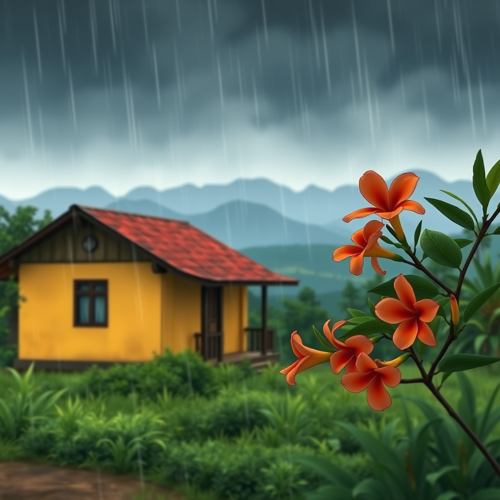 A rural, small bungalow with yellow walls and a red-tiled roof. The bungalow is nestled in the lush landscape of Colombia, Costa Rica. In the foreground, a branch of tropical flowers from a flowering tree. In the background, distant hazy mountains. There is a stormy sky and heavy rain. An animated still-shot from Studio Ghibli, Hayao Miyazaki.