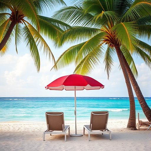 tropical beach scene with two lounge chairs under a red and white umbrella, surrounded by lush green palm trees, 50mm lens, aperture f/4, ISO 100, natural light, DSLR camera, high resolution, vibrant colors